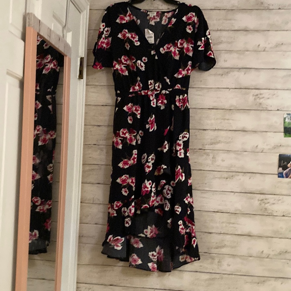 J. Crew asymmetrical ruffle hem v-neck pink flowers navy dress
